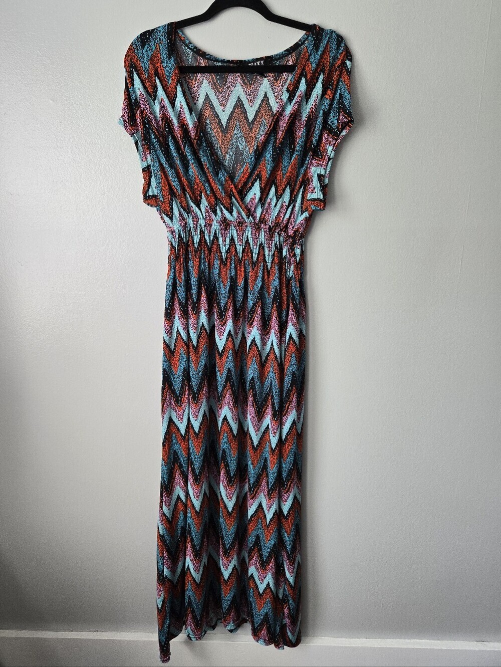 Relaxx Chevron Maxi Dress Rust Turquoise Surplice V-Neck Smocked Waist Size 3X